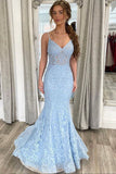 Light Blue Spaghetti Straps Lace Evening Dress Mermaid Long Prom Dress