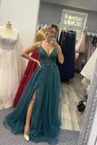 Spaghetti Straps New Arrival Tulle Beaded Long Evening Party Dress A Line Prom Dress