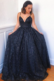 Navy Blue Lace Spaghetti Straps A-Line Long Prom Dress Formal Evening Dress
