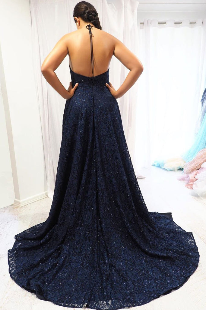 Elegant Navy Blue A-Line Halter Long Backless Lace Evening Dress with Slit Prom Dress