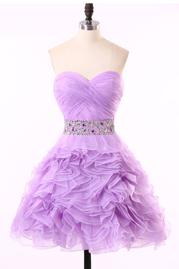 Crystal Ruched Purple Organza Prom Dresses Homecoming Dresses