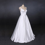 Straps White Satin Wedding Dresses Floor Length Satin Backless Bridal Dresses N2356