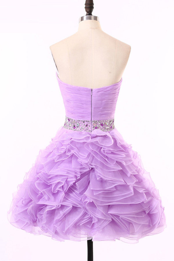 Crystal Ruched Purple Organza Prom Dresses Homecoming Dresses