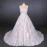 Puffy Strapless Tulle Wedding Dresses with Lace Appliques Long Train Lace Up Bridal Dresses N2300