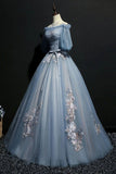 Puffy Off the Shoulder Half Sleeves Long Prom Dresses with Appliques Unique Evening Dresses N2675