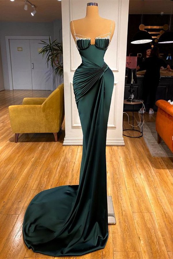 Spaghetti Straps Party Dresses Dark Green Mermaid Prom Dresses with Rhinestone PD0534