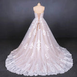 Puffy Strapless Tulle Wedding Dresses with Lace Appliques Long Train Lace Up Bridal Dresses N2300