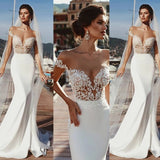 Mermaid Short Sleeves Sheer Neck Long Wedding Dresses Long Lace Appliques Bridal Dresses N2241