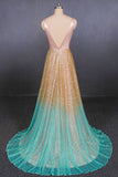 Ombre Deep V-Neck Sleeveless A Line Prom Dresses N2334