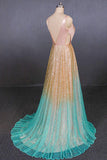 Ombre Deep V-Neck Sleeveless A Line Prom Dresses N2334