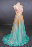 Ombre Deep V-Neck Sleeveless A Line Prom Dresses N2334