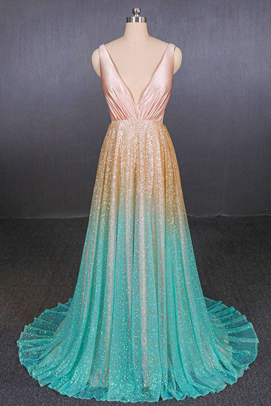 Ombre Deep V Neck Sleeveless A Line Prom Dress, Ombre Backless Shiny Evening Dress N2334