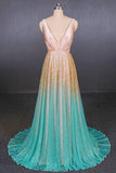 Ombre Deep V Neck Sleeveless A Line Prom Dress, Ombre Backless Shiny Evening Dress N2334