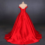 Puffy Off the Shoulder Red Satin Prom Dresses A Line Party Dresses with Belt N2342