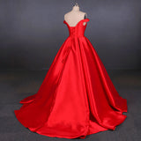 Puffy Off the Shoulder Red Satin Prom Dresses A Line Party Dresses with Belt N2342