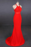 Stylish Halter Mermaid Prom Dresses Red Mermaid Open Back Long Evening Dresses N2341