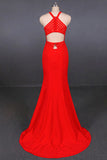 Stylish Halter Mermaid Prom Dresses Red Mermaid Open Back Long Evening Dresses N2341