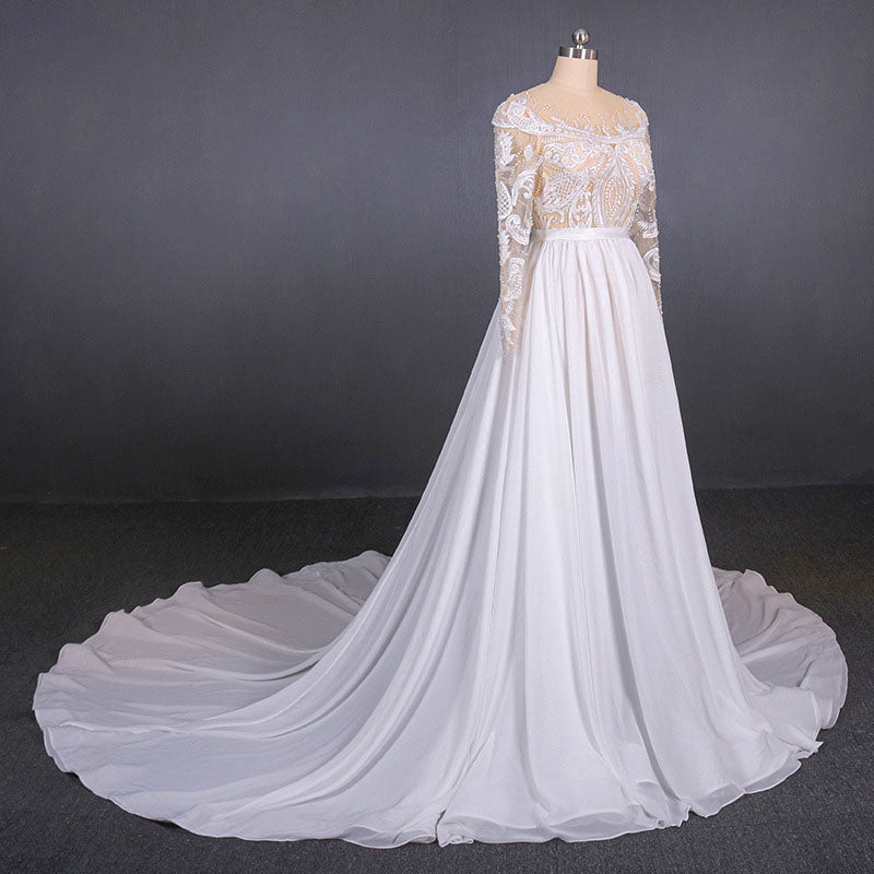 Gorgeous Long Sleeves Chiffon Wedding Dresses with Appliques N2354