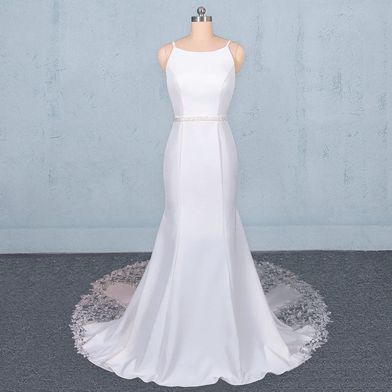 Mermaid Sleeveless Wedding Dresses with Lace Sexy Backless Bridal Dresses N2355
