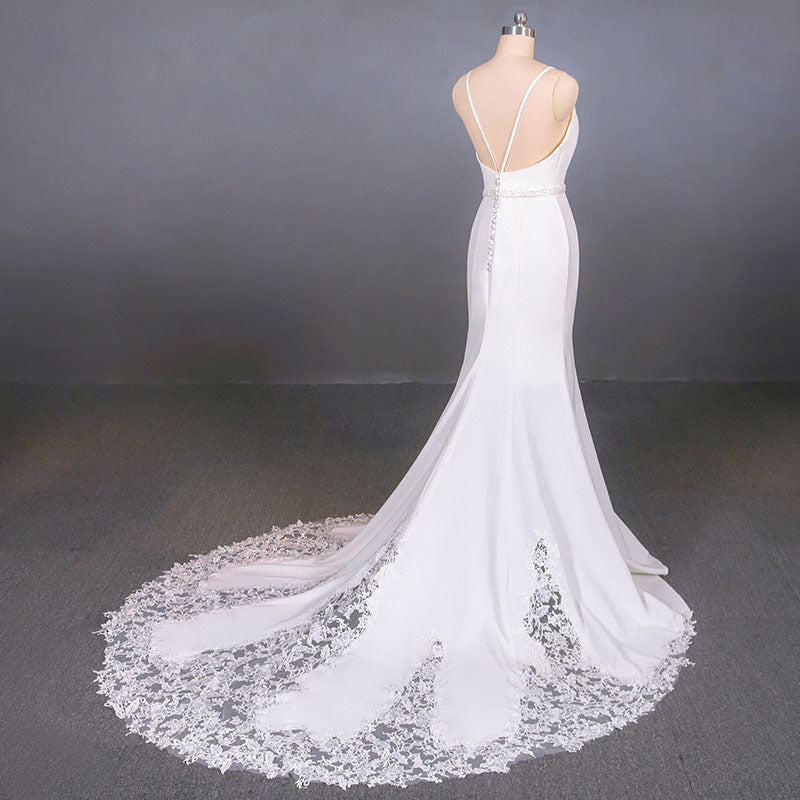 Mermaid Sleeveless Wedding Dresses with Lace Sexy Backless Bridal Dresses N2355