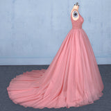 Ball Gown V-Neck Tulle Prom Dress with Beads Puffy Sleeveless Quinceanera Dress N2333