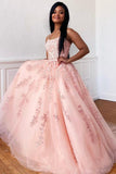 Pink A-Line Tulle Appliques Beading Popular Formal Dress Long Prom Dress