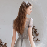 A Line V-Neck Short Sleeve Floor Length Prom Dresses Sequins Party Dresses WH361013