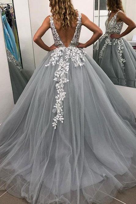 Lace Tulle A-Line V-Neck Appliques Formal Evening Dress School Party Gown Long Prom Dress