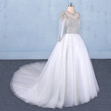 Puffy Long Sleeves Tulle White Wedding Dresses Shiny Long Bridal Dresses N2345