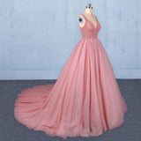 Ball Gown V-Neck Tulle Prom Dress with Beads Puffy Sleeveless Quinceanera Dress N2333