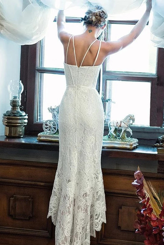 Sheath Lace Prom Dresses Unique Lace Wedding Dresses with Ruffles N2239