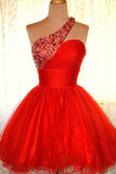 One shoulder Red Organza Prom Dresses Homecoming Dresses