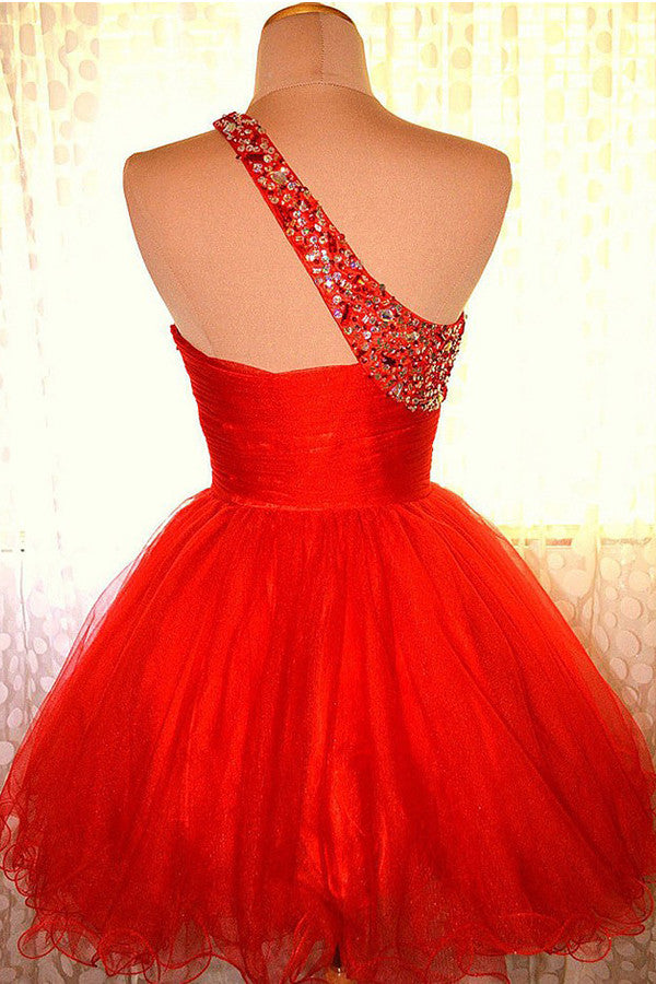 One shoulder Red Organza Prom Dresses Homecoming Dresses