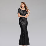 Elegant Short Sleeves Zipper Back Sequin Lace Long Prom Dresses