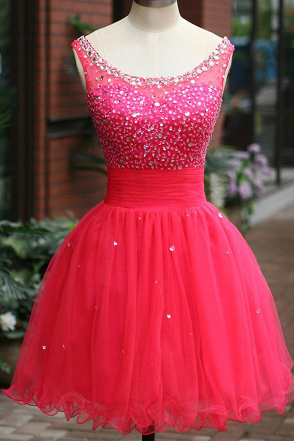 Fuchsia Tulle Beading Prom Dresses Homecoming Dresses