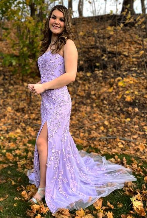 Strapless Mermaid Lilac Formal Evening Dresses Lace Side Slit Long Prom Dresses