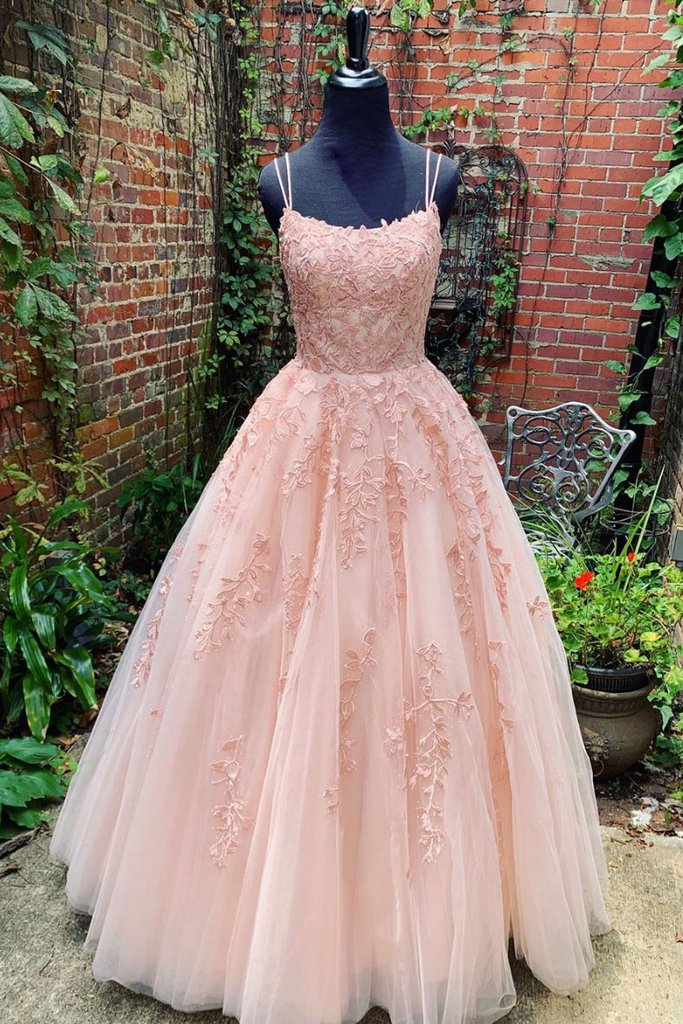 Lace Appliques Pink A-Line Tulle Long Prom Dress With Straps