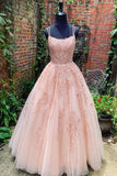 Lace Appliques Pink A-Line Tulle Long Prom Dress With Straps