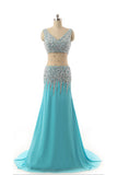V-Neck Light Sky Blue Beaded Long Prom Evening Dresses