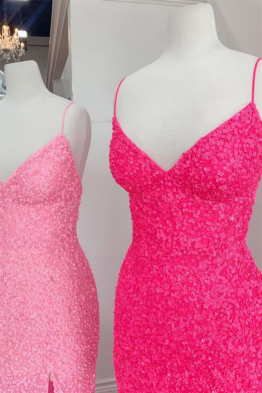 Sexy Mermaid Sequins Spaghetti Straps Long Prom Party Dress With Slit OK1309