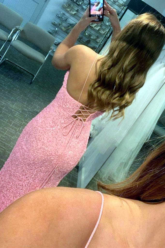 Sexy Mermaid Sequins Spaghetti Straps Long Prom Party Dress With Slit OK1309