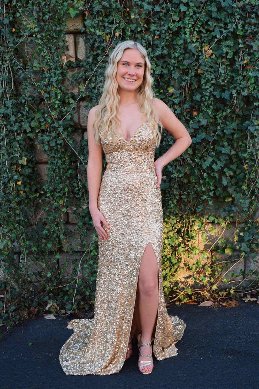 Sexy Mermaid Sequins Spaghetti Straps Long Prom Party Dress With Slit OK1309