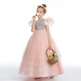 Ruffles Silver Sequins Pink Tulle Beading Flower Girl Dress