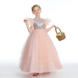 Ruffles Silver Sequins Pink Tulle Beading Flower Girl Dress