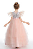 Ruffles Silver Sequins Pink Tulle Beading Flower Girl Dress