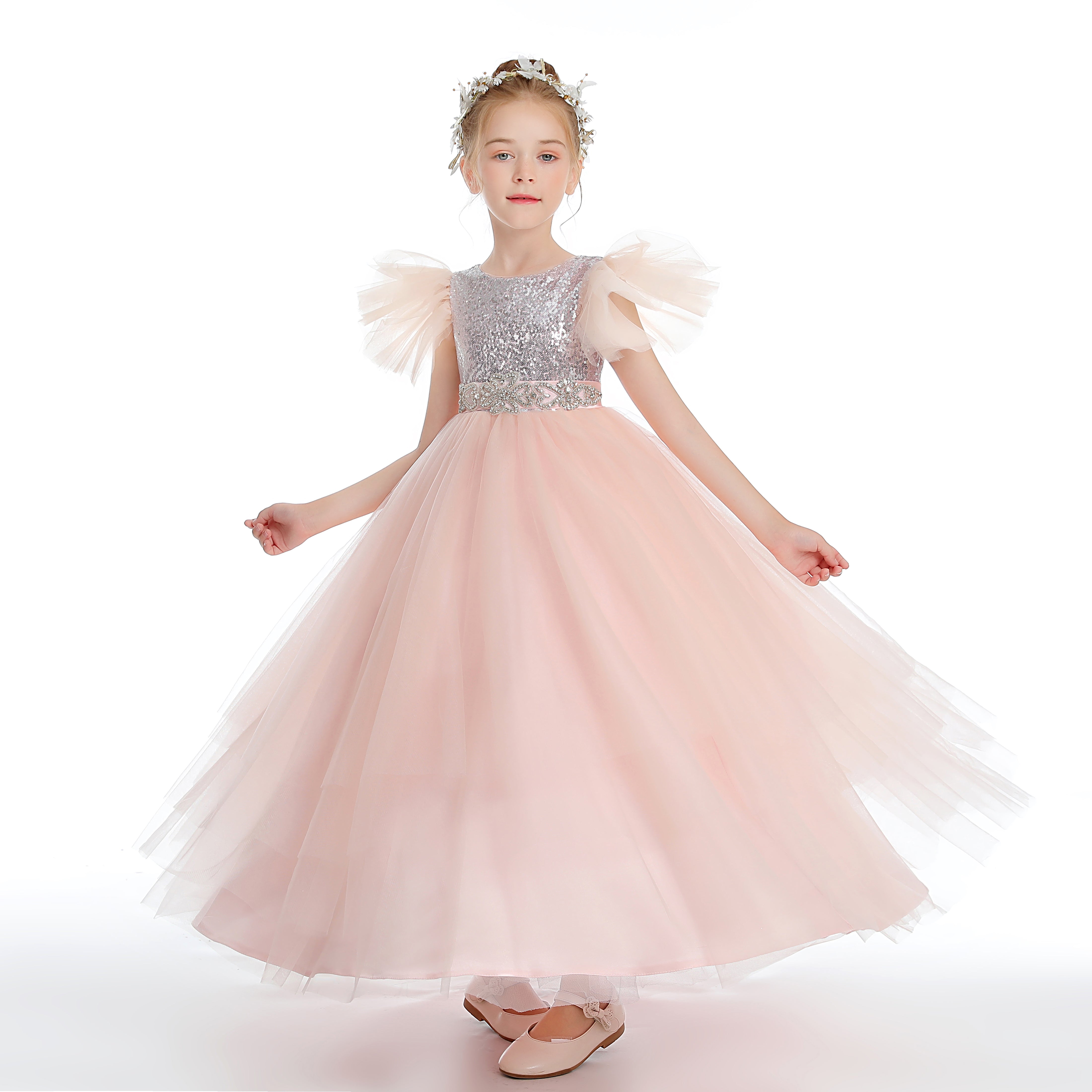 Ruffles Silver Sequins Pink Tulle Beading Flower Girl Dress