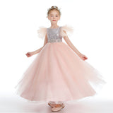 Ruffles Silver Sequins Pink Tulle Beading Flower Girl Dress