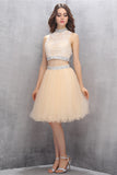 Two Piece High Neck Tulle Red Beading Homecoming Prom Dresses ED78