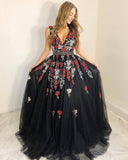 Black V-Neck Long Prom Dresses A Line Tulle Sleeveless Appliqued Evening Dresses N1477