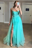 Turquoise Backless Spaghetti Straps Split Appliqued Prom Dress AH0172